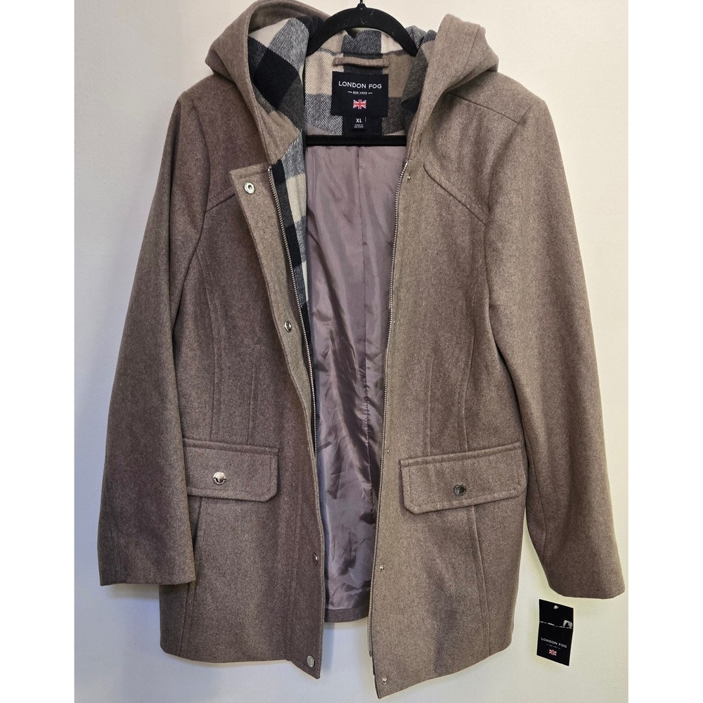 London Fog Womens Taupe Wool Blend Hooded Coat XL 7123689HK New
